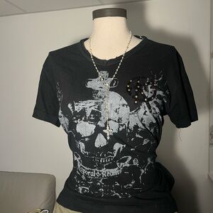 Redline Black Short Sleeve Tee with Distressed Skull and Studs